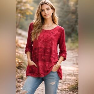 Johnny Was Cranberry Embroidered Boho Tunic XL Cottagecore Pocket Top AA7